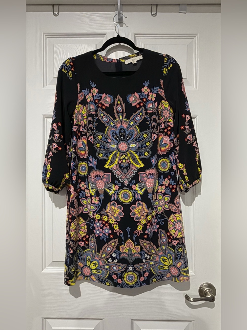 LOFT Black Floral Paisley dress with Pink, Yellow & Blue Accents